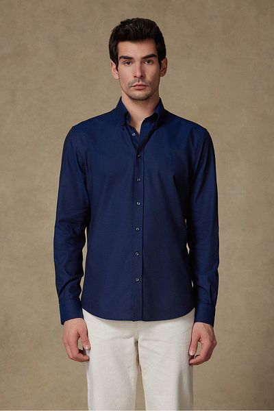 Abbate Matteo Royal Oxford Cotton Comfort Fit Navy Button-Down Collar Men's Solid Shirt