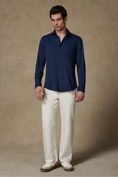 Abbate Rico Performance Polyamide Blended Comfort Fit Navy Blue Classic Collar Men's Plain Shirt