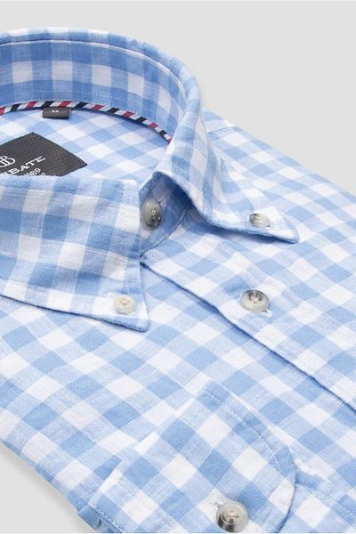 Abbate Sorento Linen Linen Comfort Fit Light Blue Button Collar Men's Checkered Shirt