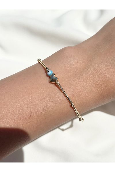 Eylülün Takısı Women's Gold Color Blue Beaded Heart Bracelet