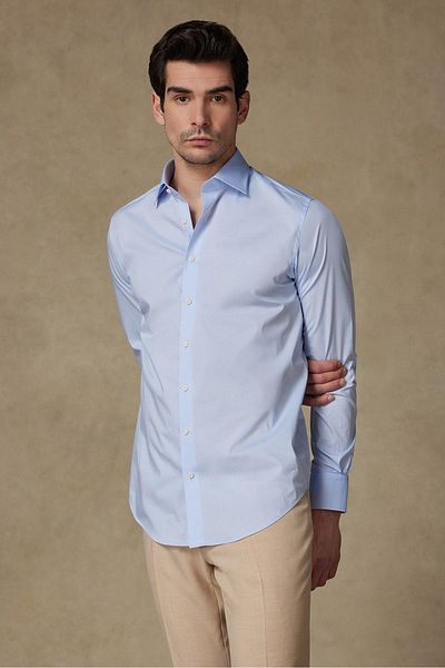 Abbate Enzo Poplin Stretch Cotton Blended Slim Fit Light Blue Classic Collar Men's Solid Shirt