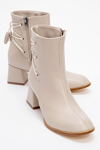 CCWAY AYAKKABI حذاء بكعب نسائي بسحاب مزين بالدانتيل باللون البيج