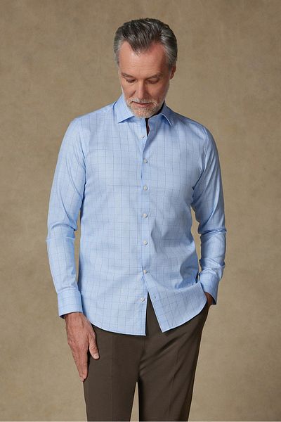 Abbate Donatello Poplin Cotton Slim Fit Light Blue Classic Collar Men's Checkered Shirt