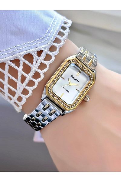 Ferrucci Milano Women's Wristwatch – Rectangular Case, Stone Bezel, Two-Color Metal Cord