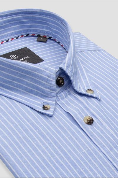 Abbate Alba Linen Cotton Linen Blended Comfort Fit Blue Button Collar Men's Striped Shirt
