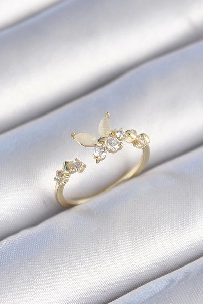 Skygo Brass Gold Color Zircon Stone Detailed White Enamel Butterfly Model Women's Ring