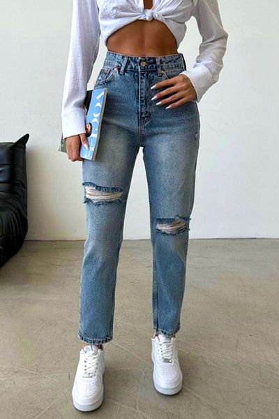 FashionForYou Blugi SEUL slimfit pentru mom, cu aspect pre-spălat și perforații, Albastru deschis, 34
