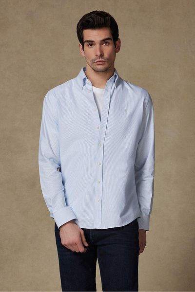 Abbate Marcel American Oxford Cotton Comfort Fit Light Blue Button-Down Collar Men's Striped Shirt
