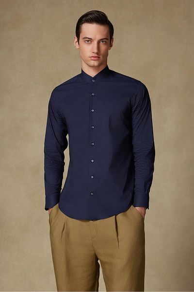 Abbate Mao Poplin Stretch Cotton Blended Slim Fit Navy Blue Judge Collar Men's Solid Shirt