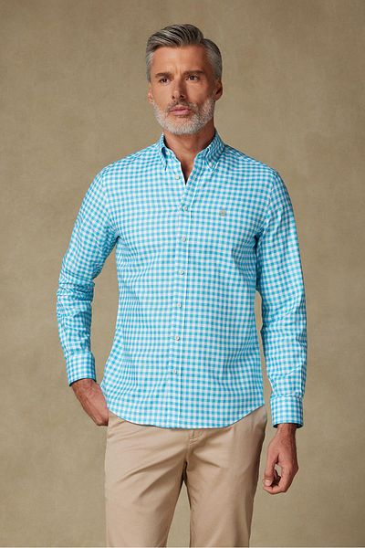 Abbate Lusso Twill Cotton Comfort Fit Turquoise Button Collar Men's Checkered Shirt