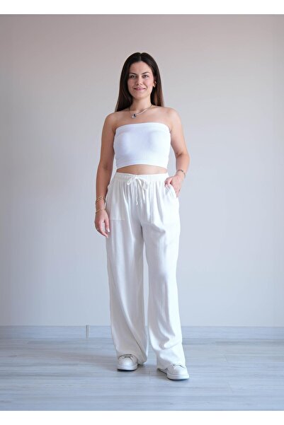 snc Yüksek Bel Bol Paça Pantolon Beyaz