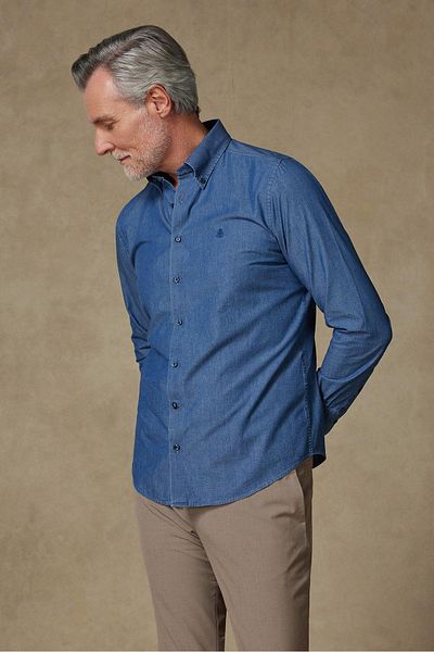 Abbate Carlo Denim Cotton Slim Fit Dark Blue Button Collar Men's Straight Shirt