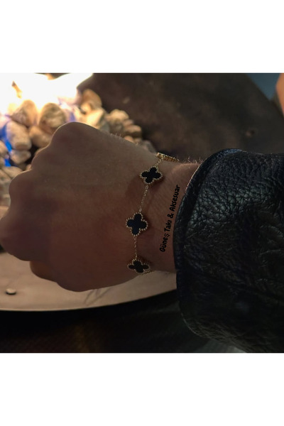 GUNESTAKI Unisex Altın-siyah Renk Tasarım Büyük Boy Yonca Çelik Bileklik