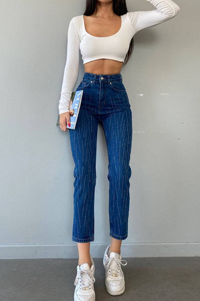 FashionForYou Blugi Pierre pentru femei, croială Mom, talie înaltă cu strasuri, albastru denim, 42