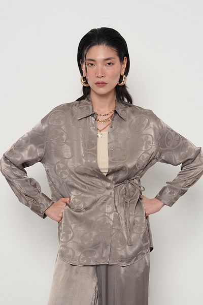 Orfeo Negro Women's Patterned Yandan Tie Gray Color Shirt