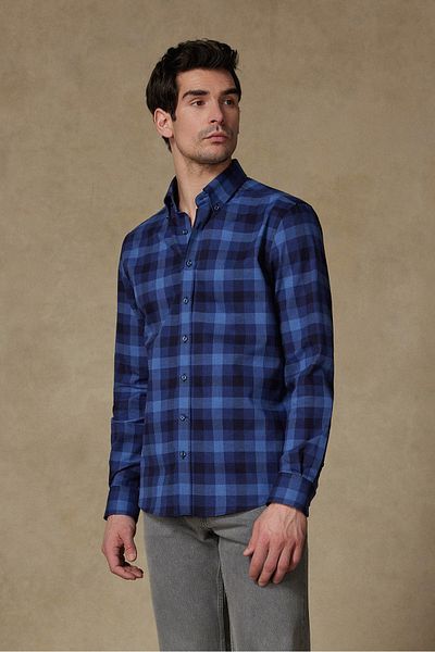 Abbate Luca Twill Cotton Comfort Fit Navy Blue Button Collar Men's Checkered Shirt