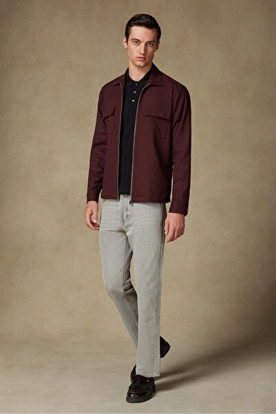 Abbate Verso Twill Overshirt Polyviskon Karışımlı Oversize Fit Bordo Klasik Yaka Erkek Çizgili Gömle