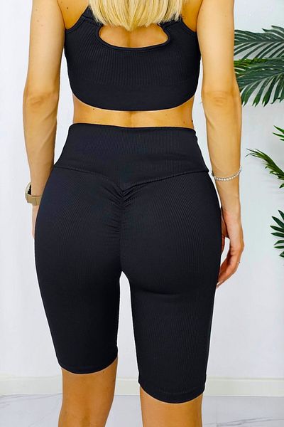 FashionForYou Yoga Vibe Short Tights, Push Up With Toning Effect And Tetra Material, Black, S