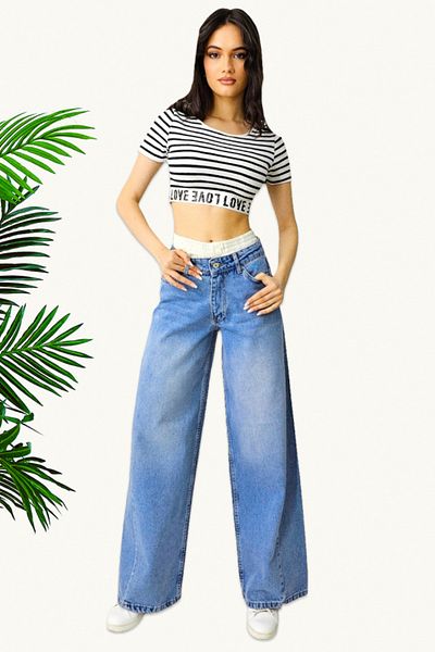 FashionForYou Blugi Qatar mom fit, cu talie elastică și aspect pre-spălat, Albastru deschis, 40