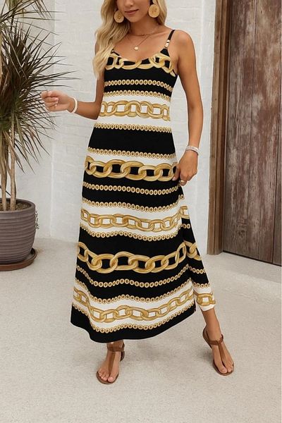 etol textile Rochie de damă cu bretele din frânghie, cu decolteu în V lat, cu model