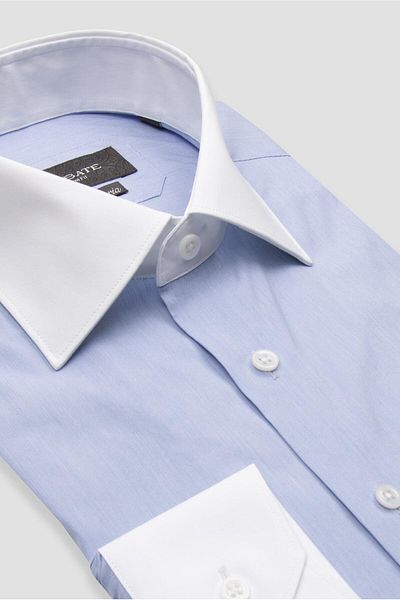 Abbate Sartoria Poplin Stretch Cotton Blend Slim Fit Blue Italian Collar Men's Solid Shirt