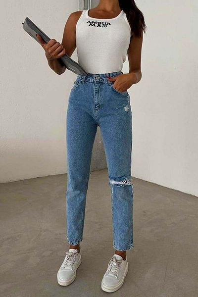 FashionForYou Blugi Jakarta Boyfriend, cu perforații multiple pe o parte, albastru deschis, mărimea 38