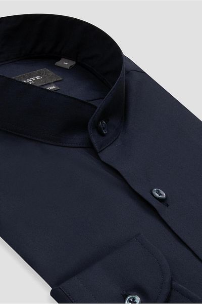 Abbate Mao Poplin Stretch Cotton Blended Slim Fit Navy Blue Judge Collar Men's Solid Shirt