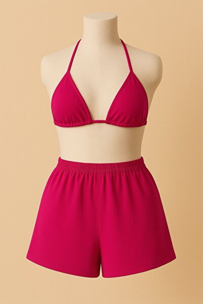 Stail Moda Kadın FUŞYA Yandan Ve Boyundan Şort Bağlamalı Tangalı Üçgen Bikini Gecelik Deniz Takımı