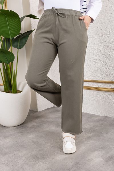 Nevayla Moda Elastic Waist Linen Trousers - Khaki / A0104