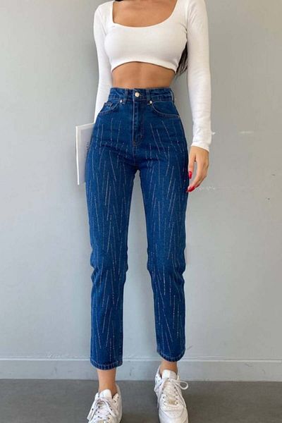 FashionForYou Blugi Pierre pentru femei, croială Mom, talie înaltă cu strasuri, albastru denim, 42