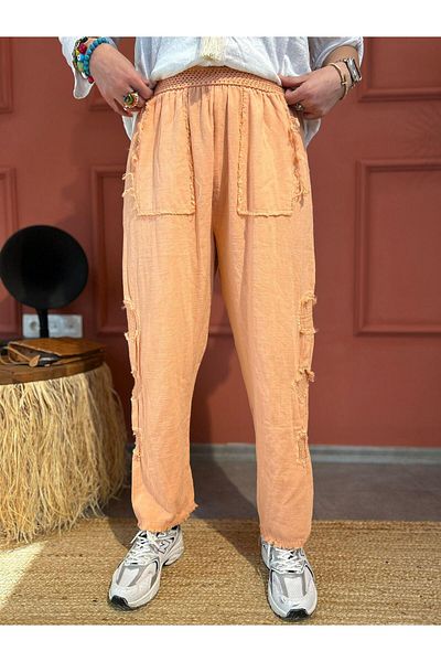 AGORATEKSTİL Women's Piece Side Mesh Rubber Waist Linen Trousers
