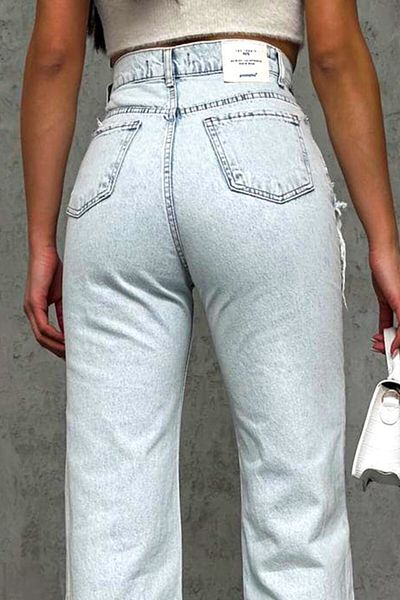 FashionForYou Blugi Austin mom fit, cu perforații largi și talie înaltă, albastru zăpadă, 42
