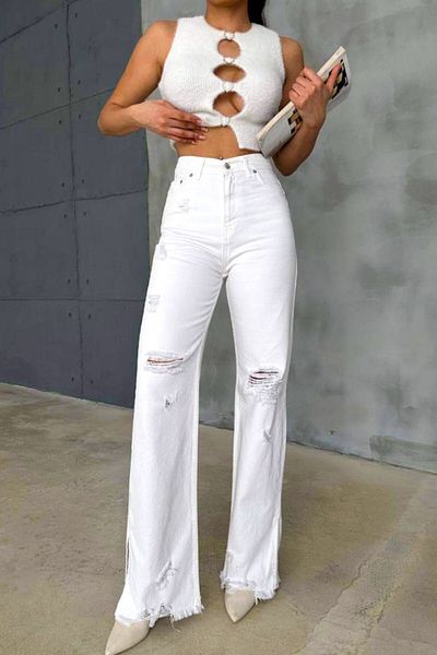 FashionForYou Montery Mom Fit Jeans, With Short Slit On The Leg And Perforations, White, 38