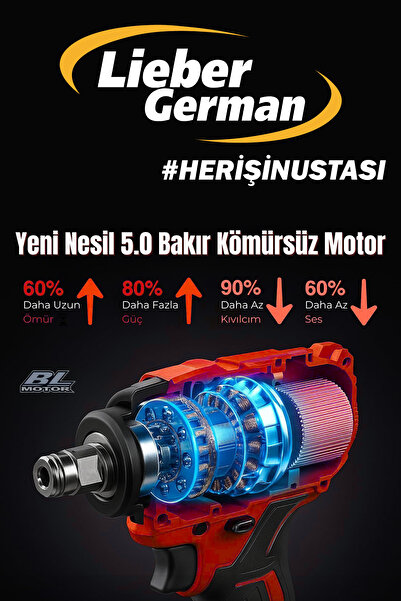 Lieber German Teknoloji Kömürsüz Motor 21 Volt 3Ah 650 Nm Setli Motor Bijon Somun Sıkma Sökme Makinesi