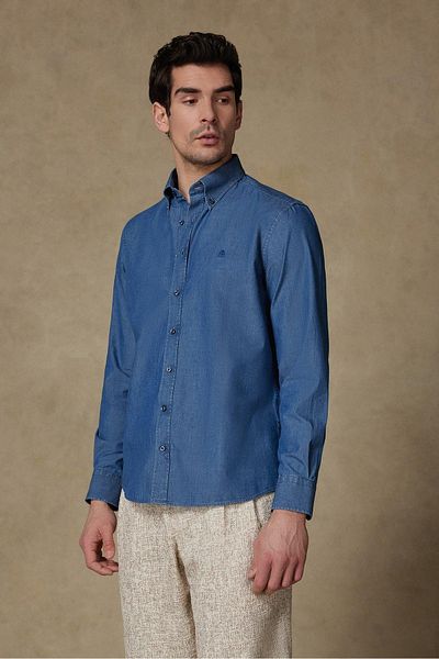 Abbate Matteo Denim Cotton Comfort Fit Navy Button Collar Men's Straight Shirt