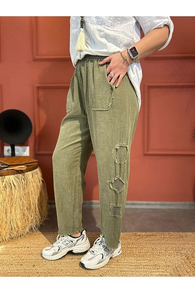 AGORATEKSTİL Women's Piece Side Mesh Rubber Waist Linen Trousers