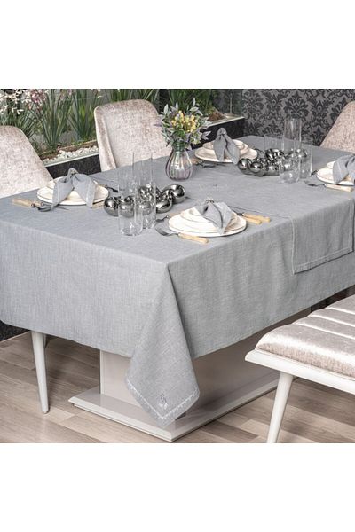 Cotton Box Embroidered Tablecloth Set, Cotton Box, Pear Grey