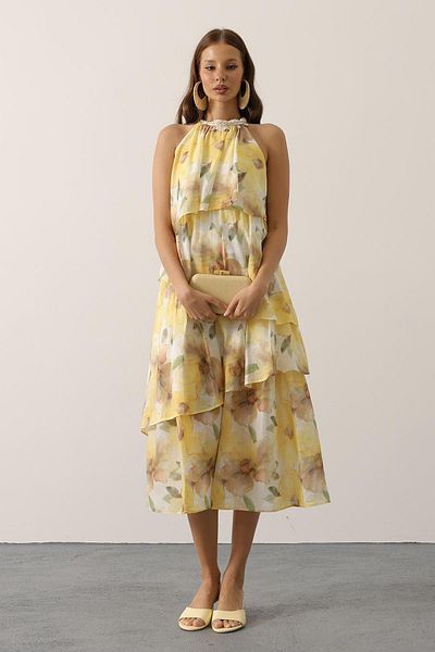 Le Savu Shilsee Flower Printed Sleeveless Floor-To-Floor Lining Dress Yellow