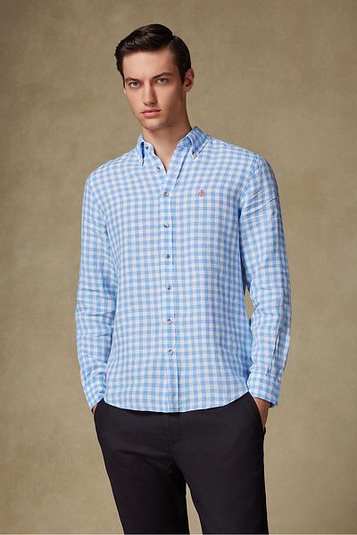 Abbate Sorento Linen Linen Comfort Fit Light Blue Button Collar Men's Checkered Shirt