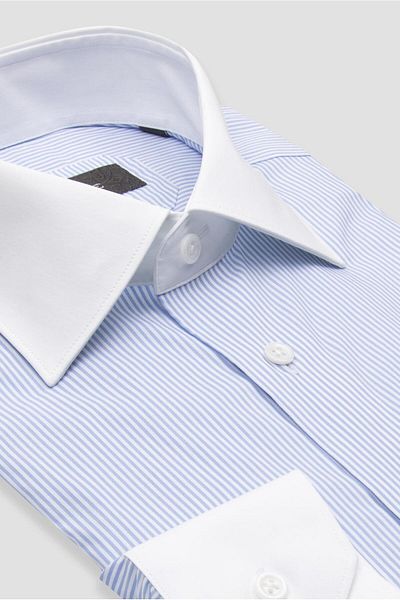 Abbate Sartoria Poplin Stretch Cotton Blend Slim Fit Light Blue Italian Collar Men's Striped Shirt