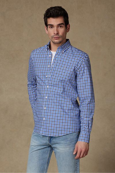 Abbate Dante Poplin Cotton Comfort Fit Dark Blue Button-Down Collar Men's Checkered Shirt