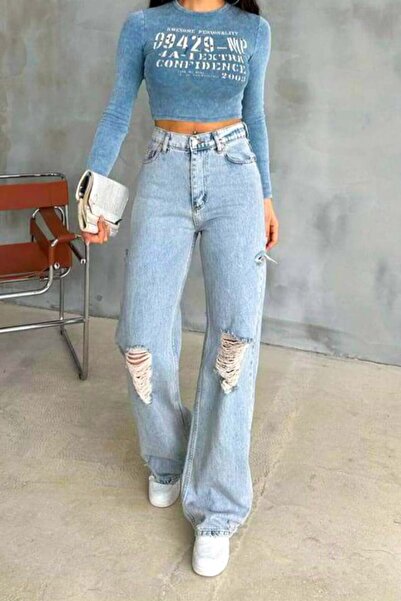 FashionForYou Blugi wide leg Huarez, cu perforatii simetrice la genunchi, Alb...