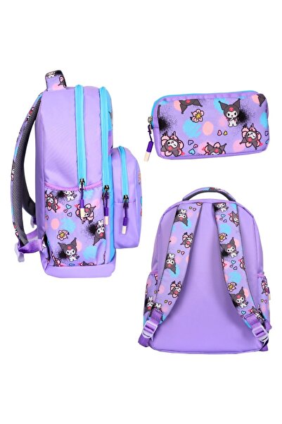 Alfa MEC Kuromi Baskılı Lila, 3’Lü İlkokul Kız Çocuk Beslenmeli Ve Kalemlikli Okul Çantası