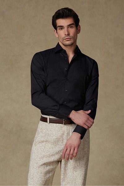 Abbate Enzo Poplin Stretch Cotton Blend Slim Fit Black Classic Collar Men's Solid Shirt