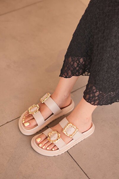 Elvin Shoe Γυναικείες καθημερινές παντόφλες Bella με λεπτομέρεια από μπεζ αγκ...