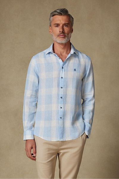 Abbate Lieno Linen Linen Comfort Fit Blue Classic Collar Men's Checkered Shirt