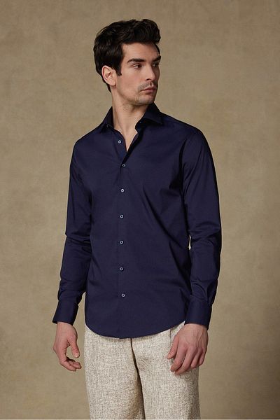 Abbate Enzo Poplin Stretch Cotton Blended Slim Fit Navy Blue Classic Collar Men's Solid Shirt