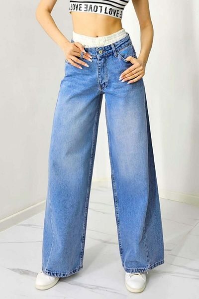 FashionForYou Blugi Qatar mom fit, cu talie elastică și aspect pre-spălat, Albastru deschis, 40