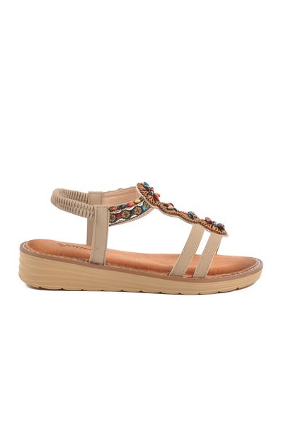 Voyager Beige Genuine Leather Stone Embroidered Women's Flat Sandals