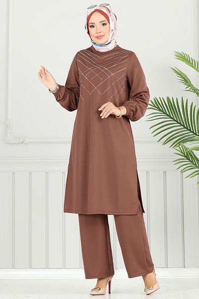 ModaMerve Stylish Suit with Stone Detail 430Dvl897-M Brown